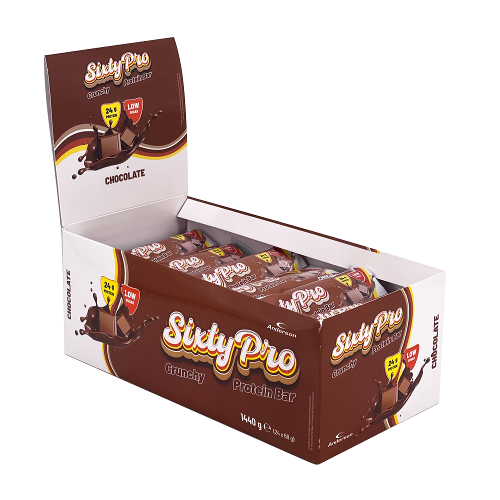 Box da 24 barrette proteiche Sixty Pro gusto cioccolato Espositore in cartone contenente 24 barrette proteiche Sixty Pro al gusto cioccolato con 24g di proteine.