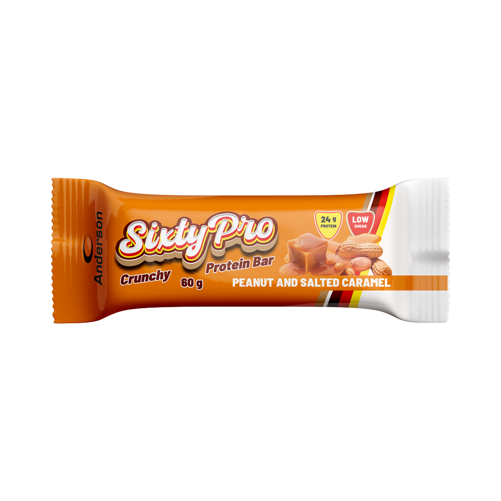 Barretta proteica Anderson Sixty Pro Arachidi e Caramello Salato Barretta proteica Anderson Sixty Pro da 60 grammi al gusto arachidi e caramello salato su sfondo bianco.