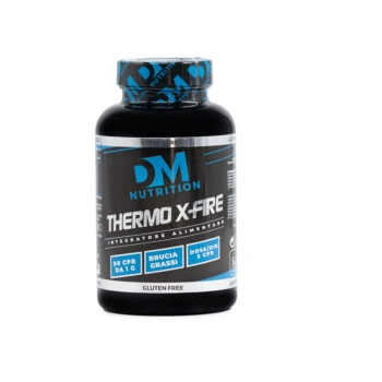 Flacone nero di integratore termogenico Thermo X Fire di DM Nutrition con etichetta blu e nera.