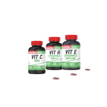 Tre flaconi di integratori Pronutrition contenenti Vitamina C, Vitamina A e Vitamina E per il Tris di Vitamine per l'Estate.
