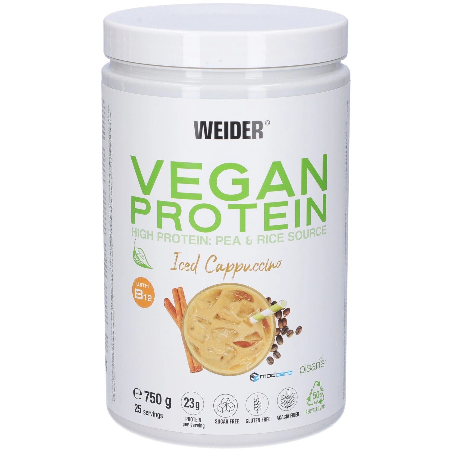 Weider Vegan Protein Iced Cappuccino 750g Barattolo di proteine vegane al cappuccino Weider da 750 grammi con grafica che mostra una bevanda al caffè.
