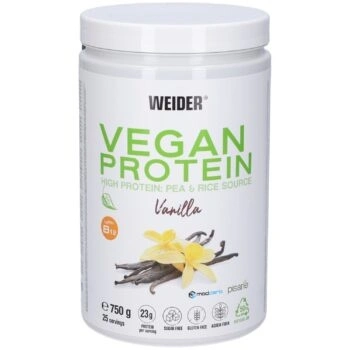 Barattolo di Weider Vegan Protein Vaniglia, integratore proteico vegetale in polvere da 750 grammi.