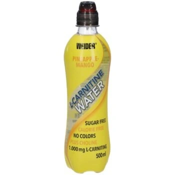 Bottiglia di Weider Water L-Carnitine al gusto ananas e mango da 500 ml su sfondo bianco.