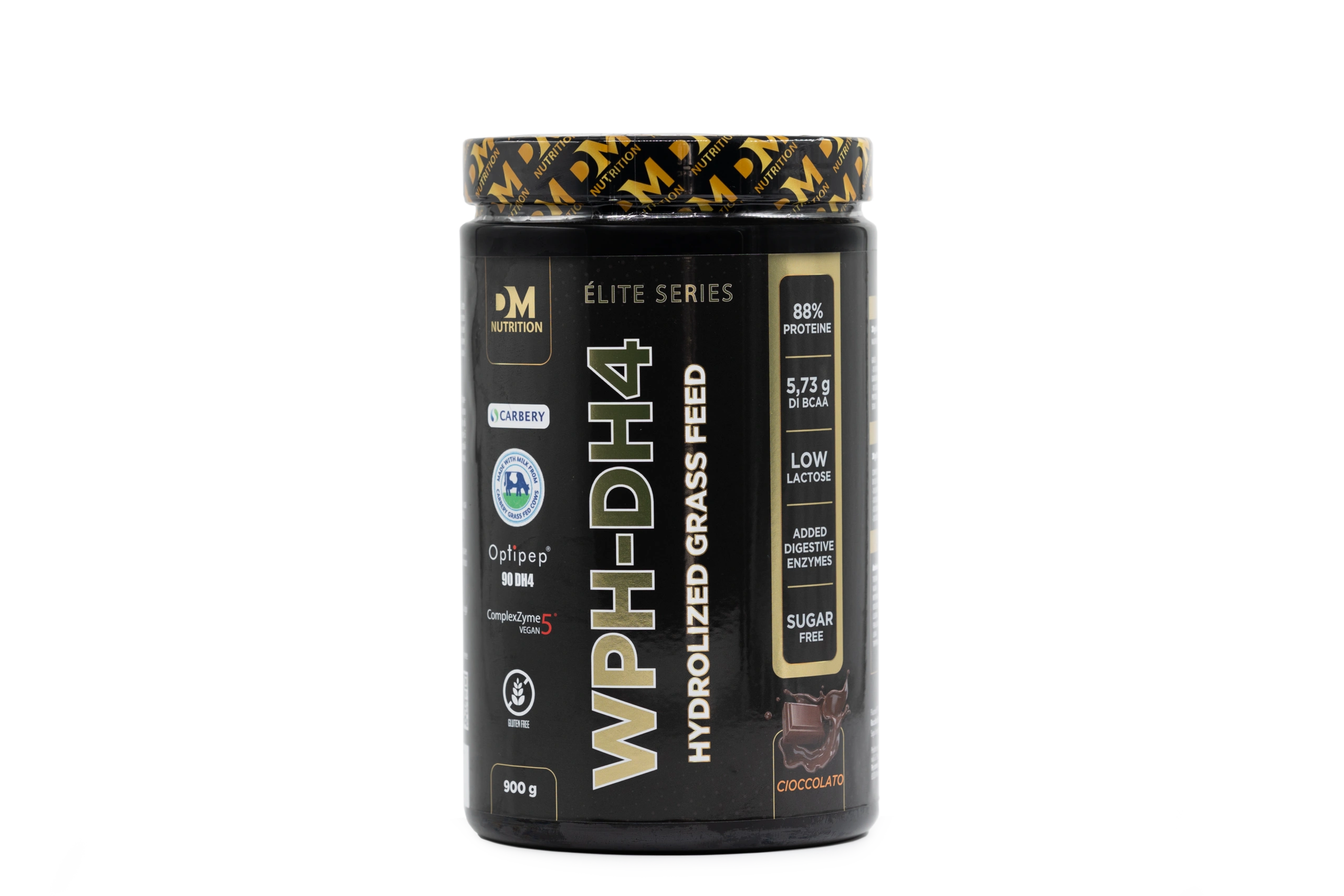 Proteine Idrolizzate WPH-DH4 DM Nutrition Gusto Cioccolato Barattolo nero di proteine idrolizzate WPH-DH4 DM Nutrition al gusto cioccolato su sfondo bianco.