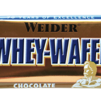 Confezione singola di barretta proteica Weider 32% Whey Wafer al gusto cioccolato su sfondo bianco.