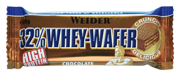 Barretta proteica Weider 32% Whey Wafer al cioccolato Confezione singola di barretta proteica Weider 32% Whey Wafer al gusto cioccolato su sfondo bianco.