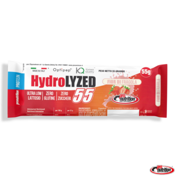 Confezione singola di barretta proteica Hydrolyzed 55g al gusto fior di fragola prodotta da Pro Nutrition.