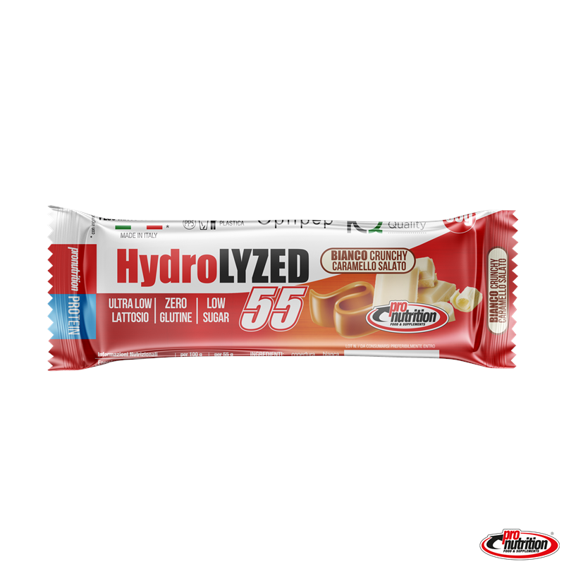 Barretta Proteica Hydrolyzed 55 Bianco Caramello Salato Confezione di barretta proteica Hydrolyzed 55 al gusto cioccolato bianco e caramello salato su sfondo bianco.