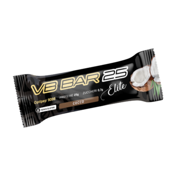 Barretta proteica VB Bar 25 Elite al gusto cocco con confezione nera e immagine di cocco fresco.