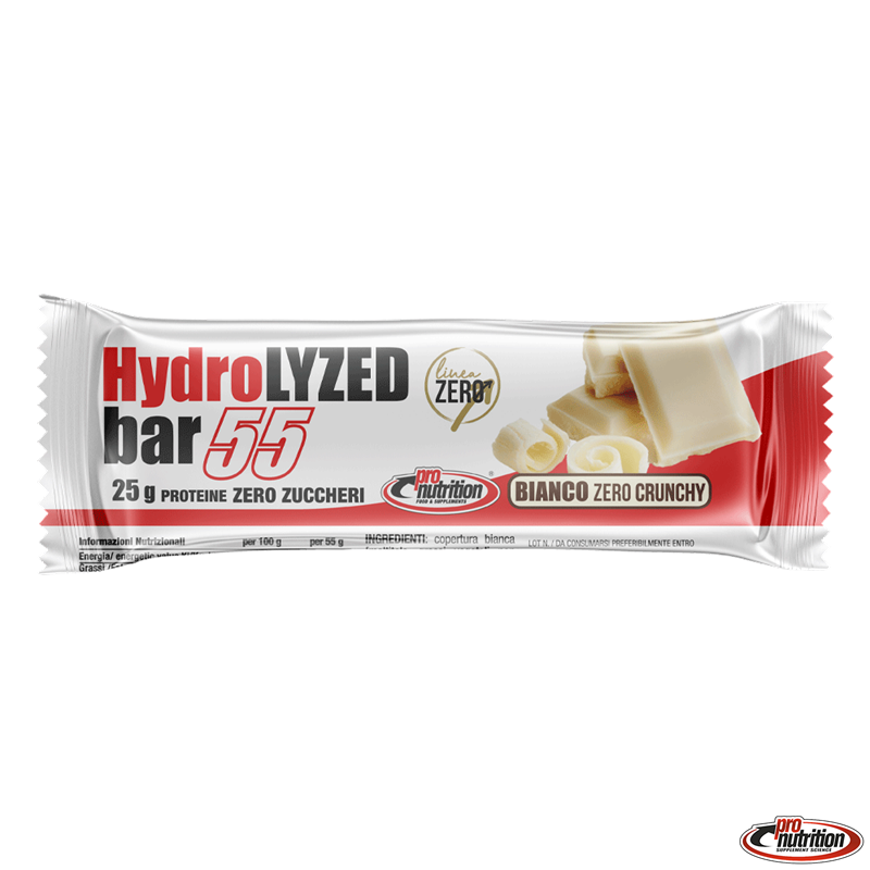 Barretta proteica Hydrolyzed 55 Bianco Crunchy Pro Nutrition Barretta proteica Hydrolyzed 55 al gusto cioccolato bianco con texture croccante su sfondo bianco.