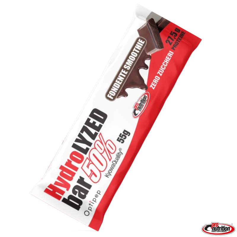 Barretta Proteica Hydrolyzed 50% Cacao Fondente Smoothie Barretta proteica Hydrolyzed 50% gusto cacao fondente con 27,5 grammi di proteine e zero zuccheri.
