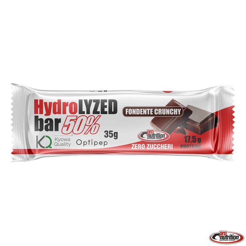 Barretta Proteica Hydrolyzed 50% Fondente Crunchy PRO Nutrition Barretta proteica Hydrolyzed 50% al gusto fondente crunchy di PRO Nutrition in confezione bianca.