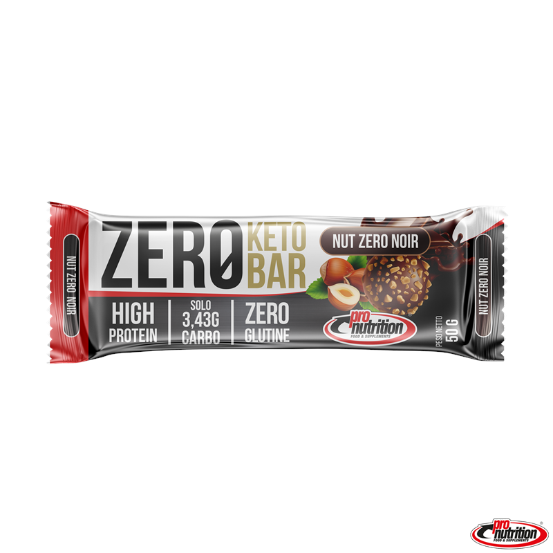 Barretta Zero Keto Bar Nut Zero Noir PRO Nutrition Confezione da 50g di Zero Keto Bar al gusto nocciola e cioccolato fondente di PRO Nutrition su sfondo bianco.