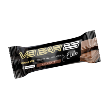 Barretta proteica VB Bar 25 Elite al gusto cioccolato con confezione nera e immagine di cubetti di cioccolato.
