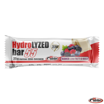 Barretta proteica Hydrolyzed 55 al gusto bianco e frutti di bosco di PRO Nutrition su sfondo bianco.