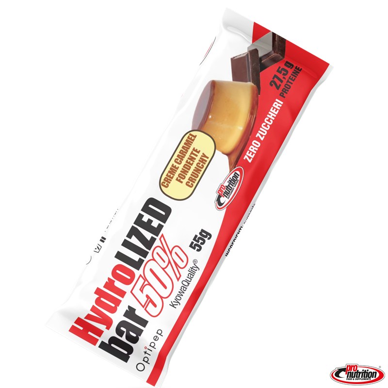 Barretta proteica Hydrolyzed 50% gusto Creme Caramel Fondente Barretta proteica Hydrolyzed 50% di Pro Nutrition al gusto Creme Caramel Fondente con copertura di cioccolato.
