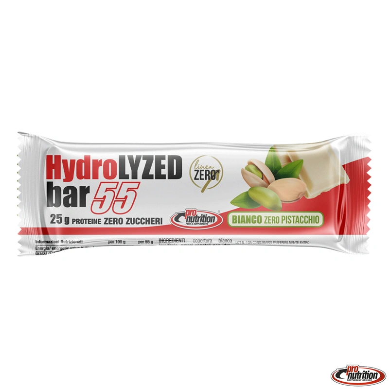 Barretta proteica Hydrolyzed 55 Pro Nutrition gusto bianco pistacchio Confezione singola di barretta proteica Hydrolyzed 55 al gusto cioccolato bianco e pistacchio su sfondo bianco.
