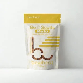 Confezione da 150 grammi di biscotti Keto BeScuits al gusto di vaniglia e limone su sfondo bianco.