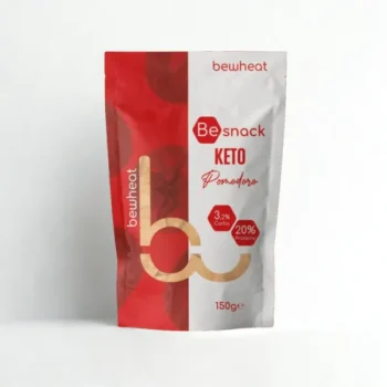 Confezione da 150 grammi di snack salato BeSnack Keto Pomodoro con design bicolore rosso e bianco.