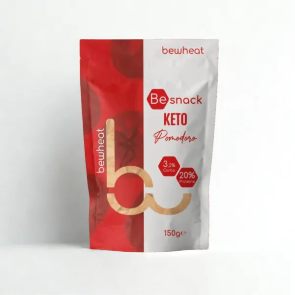 Confezione di snack proteico BeSnack Keto Pomodoro Confezione da 150 grammi di snack salato BeSnack Keto Pomodoro con design bicolore rosso e bianco.