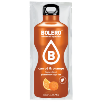 Bustina monodose di Bolero al gusto di carota e arancia con grafica arancione e logo bianco.