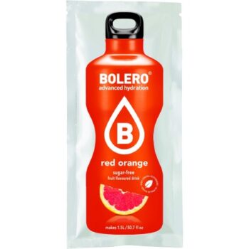 Bustina di preparato per bevanda istantanea Bolero al gusto di arancia rossa con immagine di uno spicchio di frutto.