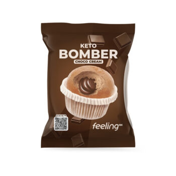 Confezione marrone di Keto Bomber Choco Cream con un muffin soffice al centro che mostra il cuore cremoso al cioccolato.