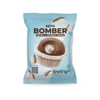 Confezione singola di Keto Bomber al gusto cacao e crema di cocco con un muffin soffice raffigurato al centro.