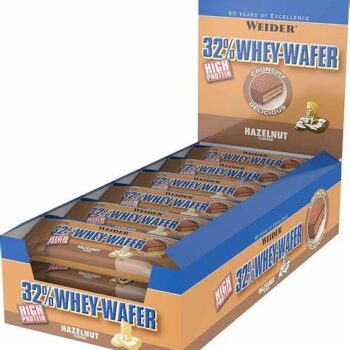 Confezione espositore aperta contenente dodici barrette proteiche Weider al gusto nocciola con copertura al cioccolato.