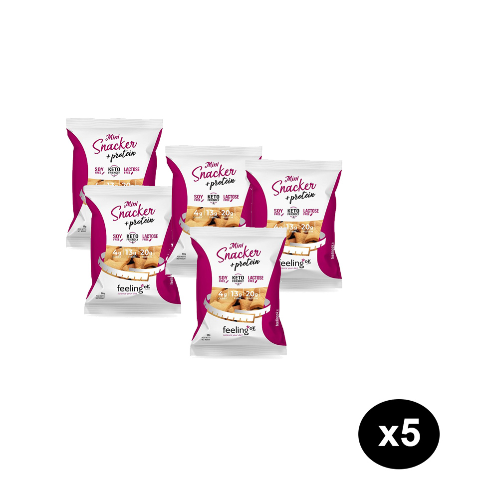 Box 5 Mini Snacker Proteici Feeling Ok Cinque confezioni di Mini Snacker Natural +Protein Feeling Ok disposte a ventaglio con un cerchio nero che indica il numero 5.