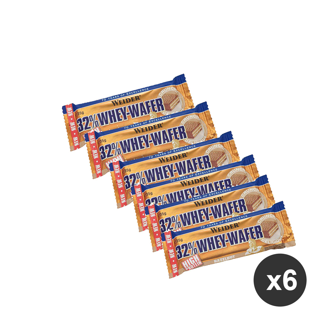 Box da 6 barrette proteiche Weider Whey Wafer alla nocciola Sei barrette proteiche Weider Whey Wafer al gusto nocciola disposte in diagonale su sfondo bianco.