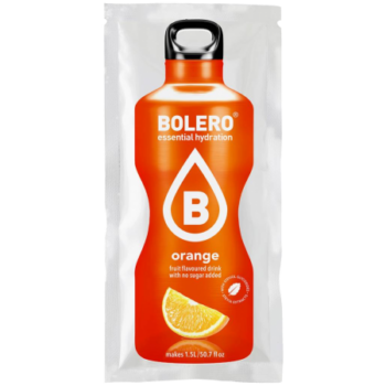 Bustina di preparato per bevanda istantanea Bolero al gusto arancia con grafica arancione e icona a forma di goccia.