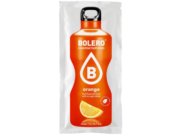 Bustina Bolero al gusto arancia Bustina di preparato per bevanda istantanea Bolero al gusto arancia con grafica arancione e icona a forma di goccia.