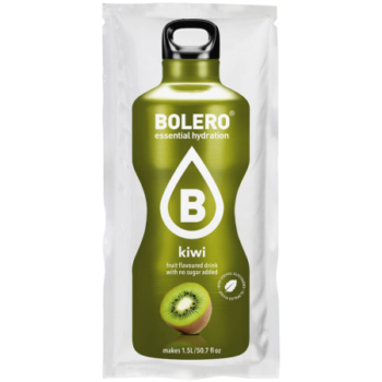 Bustina monodose di preparato per bevanda Bolero al gusto di kiwi su sfondo bianco.