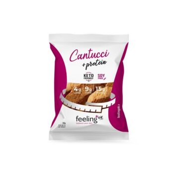 Confezione singola da 50 grammi di Cantucci Proteici Feeling Ok con indicazioni nutrizionali in evidenza.