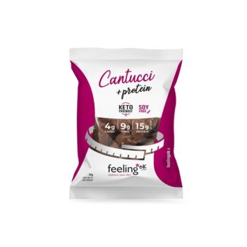 Confezione singola da 50 grammi di Cantucci proteici al gusto cacao del marchio Feeling Ok.