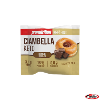 Confezione da 50 grammi di ciambella keto al cioccolato Pronutrition con indicazioni nutrizionali sulla parte frontale.