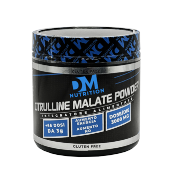 Barattolo nero di integratore in polvere Citrullina Malato DM Nutrition con tappo sigillato blu.