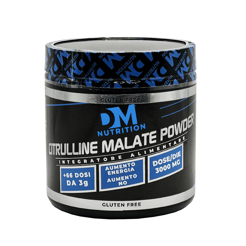 Barattolo di Citrullina Malato in polvere DM Nutrition Barattolo nero di integratore in polvere Citrullina Malato DM Nutrition con tappo sigillato blu.