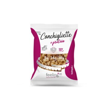 Confezione monoporzione da 50g di pasta proteica Conchigliette FeelingOK su sfondo bianco.