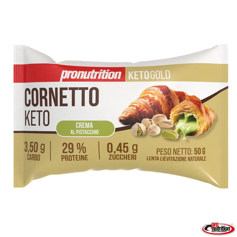 Cornetto Keto Crema Pistacchio Pronutrition Confezione di Cornetto Keto Crema Pistacchio Pronutrition con immagine del cornetto ripieno e pistacchi sgusciati.