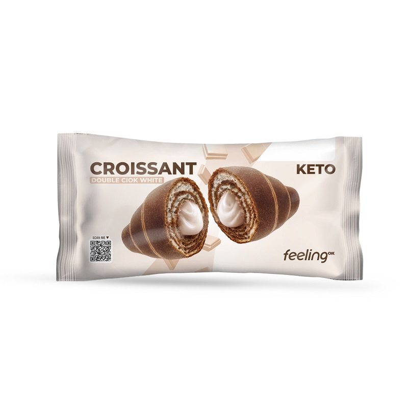 Croissant Keto Double Ciok White Feeling Ok Confezione singola di croissant keto al cioccolato bianco Feeling Ok con il prodotto tagliato a metà in primo piano.