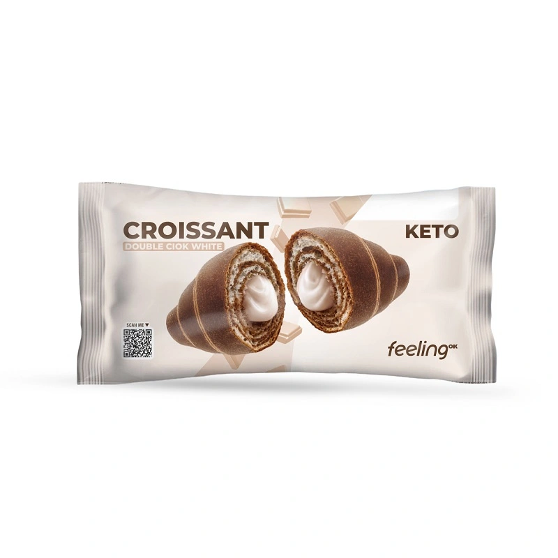 Croissant Keto Double Ciok White Feeling Ok Confezione singola di croissant keto al cioccolato bianco Feeling Ok con il prodotto tagliato a metà in primo piano.