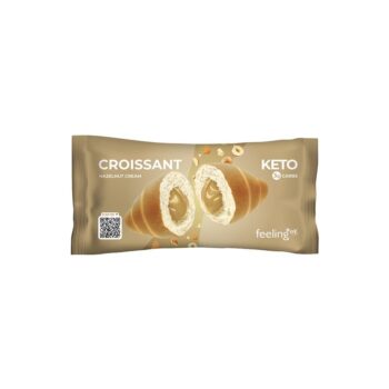 Confezione di cornetto chetogenico Feeling OK con ripieno cremoso alla nocciola su sfondo neutro.