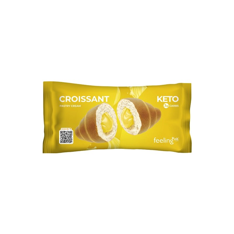 Croissant Keto FeelingOK ripieno di crema pasticcera Confezione gialla di croissant keto FeelingOK tagliato a metà con un cremoso ripieno pasticcero al centro.