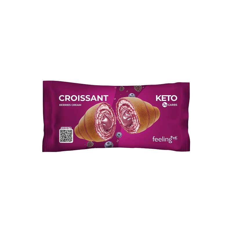Croissant Keto FeelingOK ai Frutti di Bosco Confezione di croissant keto FeelingOK tagliato a metà con ripieno cremoso ai frutti di bosco.