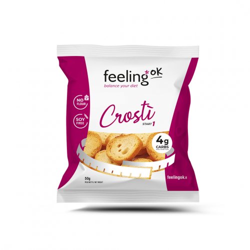 Confezione di Crostini Feeling Ok Una confezione da 50 grammi di crostini Feeling Ok con grafica bianca e viola su sfondo neutro.