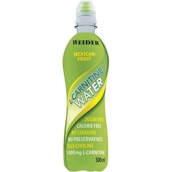 Bottiglia di Weider Water L-Carnitine al gusto Mexican Fruit da 500 ml con tappo sportivo.