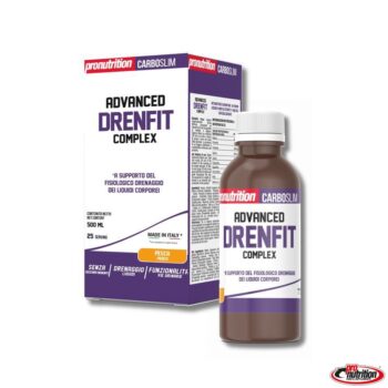 Flacone e scatola di Advanced Drenfit Complex Pro Nutrition gusto pesca per il drenaggio dei liquidi corporei.