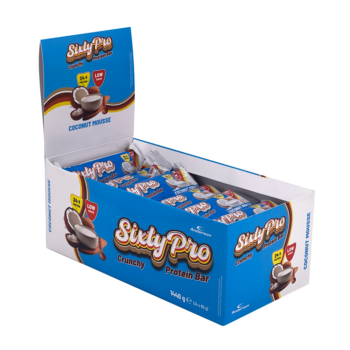 Espositore da banco contenente 24 barrette proteiche SixtyPro al gusto Coconut Mousse di Anderson Research.